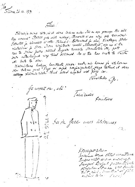 August Gailit: kiri Friedebert Tuglasele, tervitused Marie Underilt ja Artur Adsonilt, P. Areni joonistus